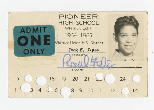 Raul Felix's student ID from Pioneer High School, Whittier, California