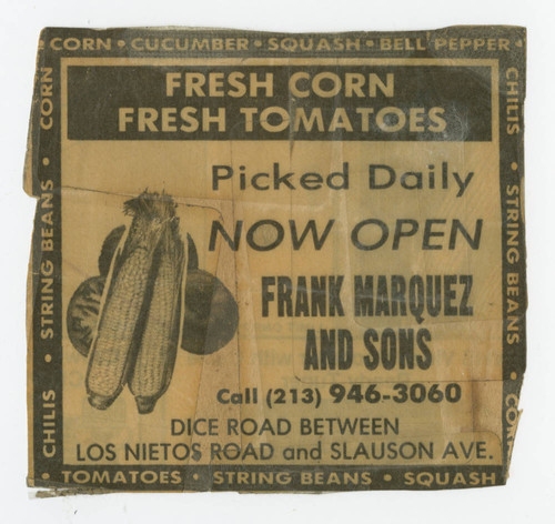 Advertisement for Frank Marquez and Sons