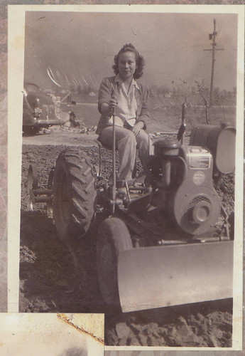 Carmen Cabral sitting on a tractor, Whittier, California