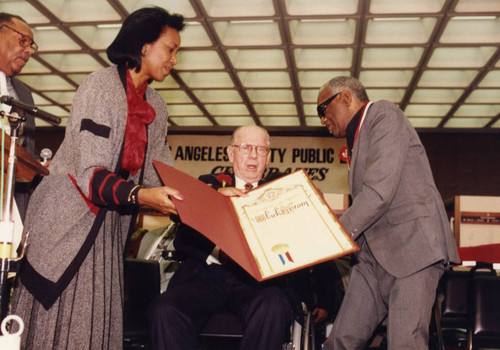 Kenneth Hahn and Yvonne Brathwaite Burke Present Scroll to Ray Charles