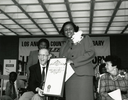 Kenneth Hahn Makes Presentation to Yvonne Kennedy