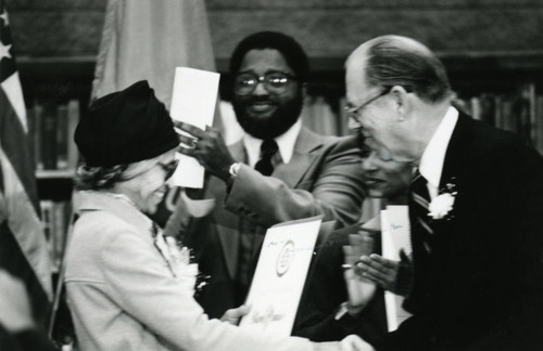 Rosa Parks Shakes Hands with County of Los Angeles Supervisor Kenneth Hahn during African American Living Legends Program