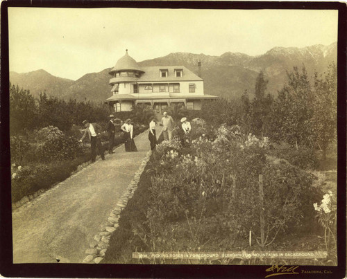 Picking Roses in Foreground. Sleighing on Mountains in Background