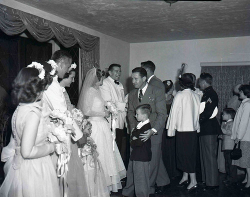 Bridal party greeting guests at the Chapel of the Roses