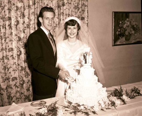 Bride and groom cutting the wedding cake