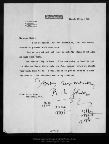 Letter from R[obert] U[nderwood] Johnson to John Muir, 1895 Mar 11