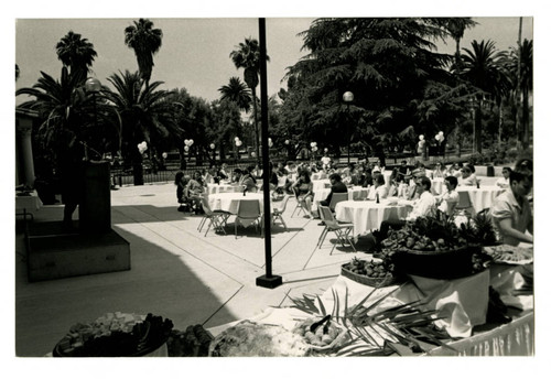 Audience listens to a speaker on the Library Plaza