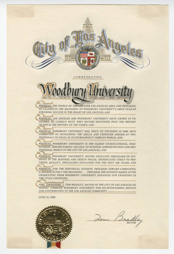 Commendation from City of Los Angeles for Woodbury's Contribution to the Community