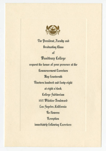 Invitation to Woodbury College Commencement Ceremony on May 14, 1948