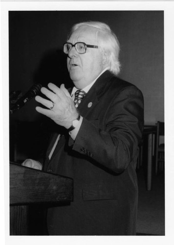 Ray Bradbury Speaks at the Podium during a Woodbury University Library Associates Lecture