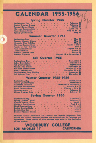 Woodbury College Academic Calendar 1955-1956 Initialed by President Ray "Pop" Whitten