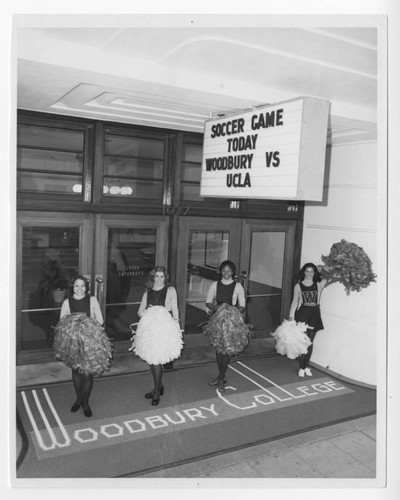 Woodbury Cheerleaders at the Entrance to Woodbury College at 1027 Wilshire Blvd