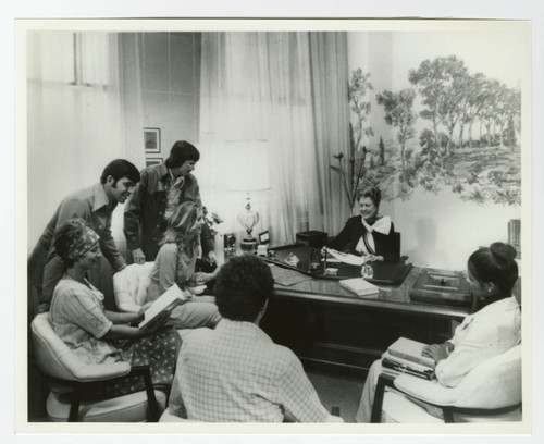 Woodbury College President Dora Kirby Meeting with Students in her Office