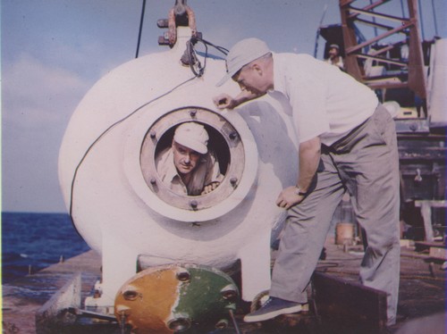 Otis Barton in the Benthoscope, with Dr. Maurice Nelles