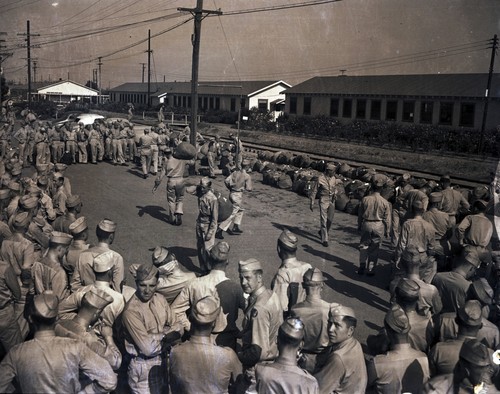 Arriving cadets claiming their baggage, Hancock College of Aeronautics