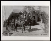 African American coach driver outside the coach barn at the Rancho Santa Anita, Arcadia, circa 1889