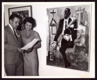 William Pajaud with Melonee Blocker at an art exhibition at Family Savings and Loan Association, Los Angeles, 1964