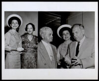 Two images: Arvilla Knight and Ella Blodgett; Louis M. Blodgett, Arvilla Knight, and Goodwin Knight, circa 1950