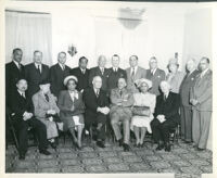 W. E. B. Du Bois at Pilgrim House with Dr. Harold M. Kingsley, Dr. Vada Somerville and others, Los Angeles, 1950 (?)