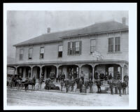 People in front of the Monrovia Hotel, Monrovia, circa 1886