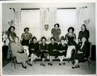 Dr. Dorothy Height, Dr. Vada Somerville, Juanita Miller, Louise Grooms, Eunice H. Carter, Mamie Davis and others at a gathering, Los Angeles, 1950s