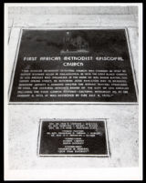 Plaque commemorating the First A.M.E. Church at 8th St. and Towne, Los Angeles, 1973