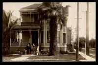 William Roberts, A. J. Roberts and Frederick Roberts on the steps of A. J. Roberts son & Co funeral home, Los Angeles, 1905-1915