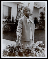 Margaret D. Scott at age 105 in front of her apartment building, Los Angeles, 1967