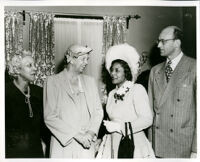 Dr. Vada Somerville, Eleanor Roosevelt, Anne O'Ferrall and James Roosevelt at the Somerville home, Los Angeles, 1950