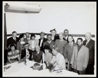 Dr. Vada Somerville, Dr. Harold Kingsley, and Clarence Muse at a dinner event, probably for Pilgrim House, 1950s