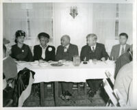 W. E. B. Du Bois with Lillian Evanti, Dr. Vada Somerville and others at Pilgrim House, Los Angeles, 1950s (?)