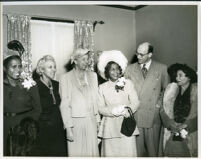 Dr. Vada Somerville, Eleanor Roosevelt, Anne O'Ferrall and James Roosevelt at the Somerville home, Los Angeles, 1950