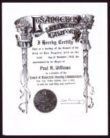 Certificate of the appointment of Paul R. Williams to the Los Angeles Board of Municipal Housing Commissioners, 1933