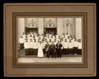 Reverend J. Logan Craw and the church choir in front of the First A.M.E. Church, Los Angeles, between 1915-1919