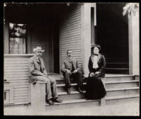 James Slaughter, John Martin Scott and Margaret D. Scott on the steps of Scott Hall, Los Angeles, circa 1905