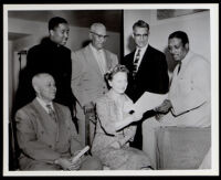 Maurice Dawkins and Lorenzo Bowdoin at a gathering, Los Angeles (?), circa 1962