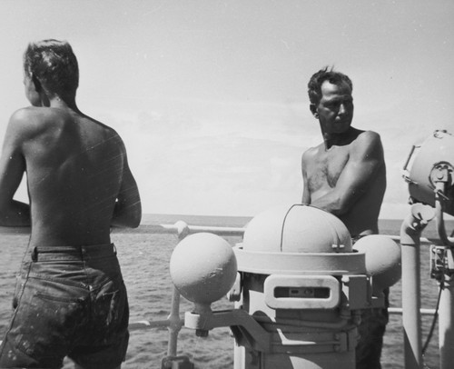 Tom Chapman and Capt. James Faughn on fly bridge above Pilot House R/V Horizon