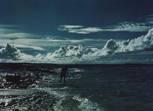 Darsey at water's edge, Enimen Island, Bikini Atoll