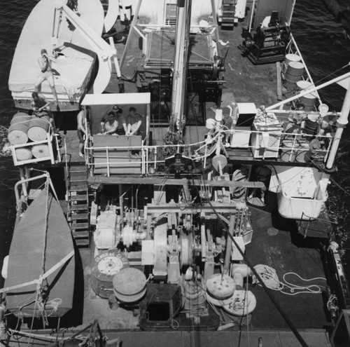 R/V Spencer F. Baird "on station." Main winch, control booth and boat deck, viewed from top of 30 foot A frame