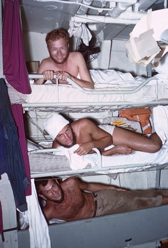 Quarters below on R/V SPENCER F. BAIRD, Alan Jones, top bunk, Ned Barr, center and John MacFall lower bunk