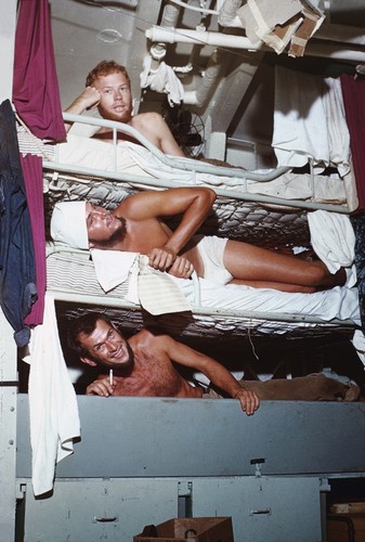 Quarters below on R/V SPENCER F. BAIRD, Alan Jones, top bunk, Ned Barr, center and John MacFall lower bunk