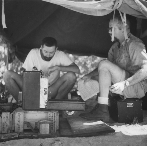 Adjusting wave recording meter on Cherrete Island. Stan Ruttenberg and Jeff Holter