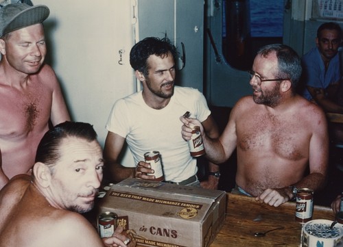 Mess Hall of R/V HORIZON at "Happy Hour." Warren Beckwith, Jr., Clarence Palmer, Jeff Holter