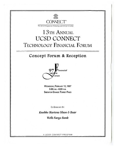 13th Annual UCSD CONNECT Technology Financial Forum: Concept Forum & Reception