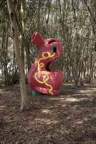 Red Shoe: view of shoe in eucalyptus grove