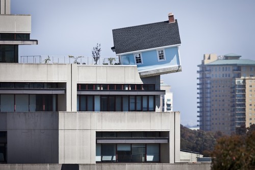 Fallen Star: distant view from the west of cantilevered house, seven stories off the ground