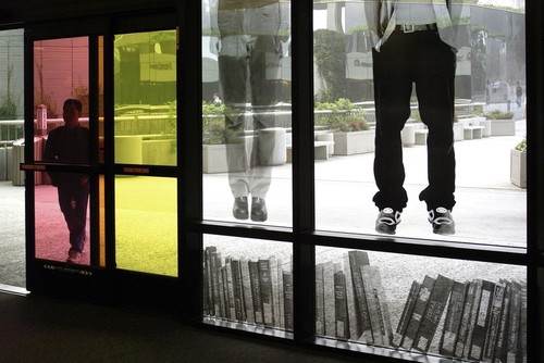 READ/WRITE/THINK/DREAM: detail of entrance from foyer showing images of ...