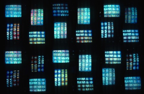 Something Pacific: detail: interactive bank of tv monitors inside Media Center, UCSD