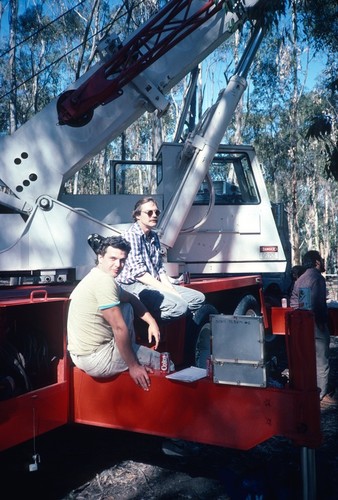 Trees: view of the artist, Terry Allen (center) during installation of Tree in eucalyptus grove