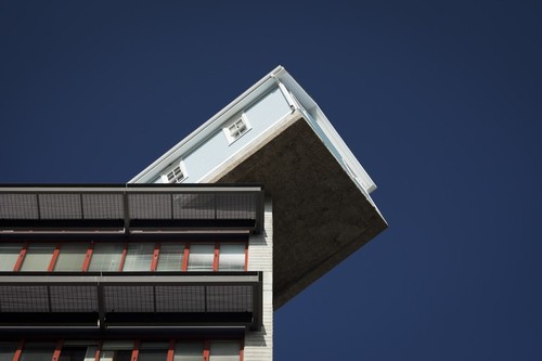 Fallen Star: view from ground level of cantilevered house, seven stories off the ground